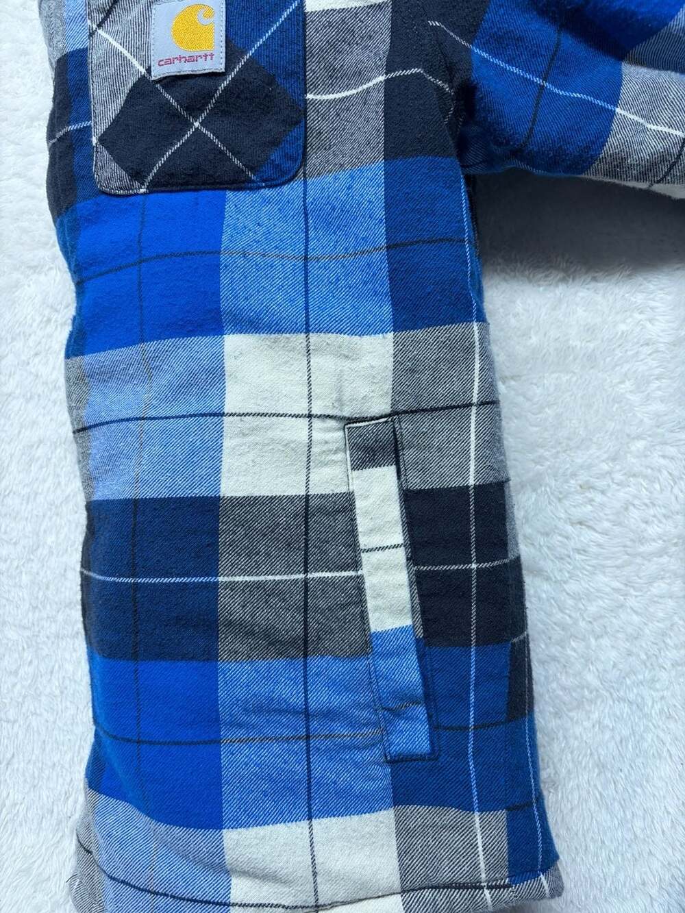 Carhartt Kids Flannel Snap-Front Hooded Shirt Jacket Azure Blue Plaid SMALL 7-8 - Picture 11 of 15